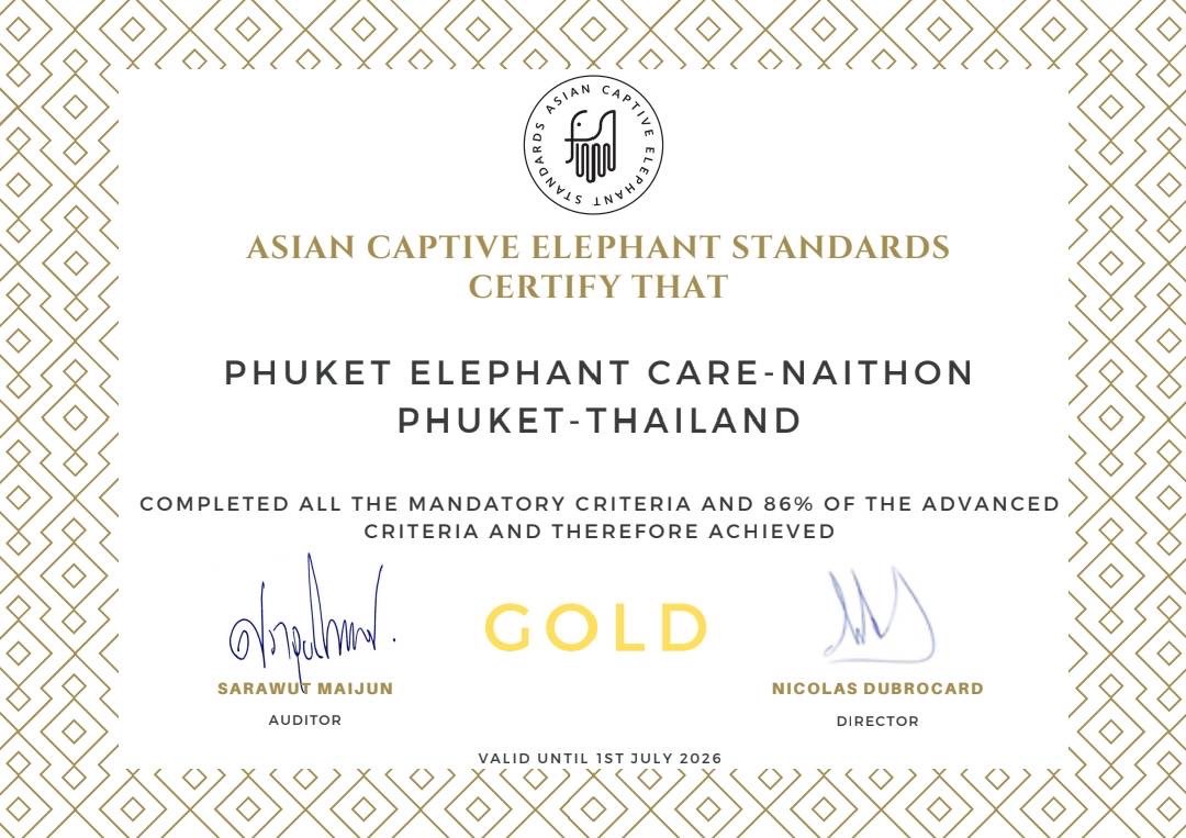 Certificate from Asian Captive Elephant Standards for Naithon sanctuary